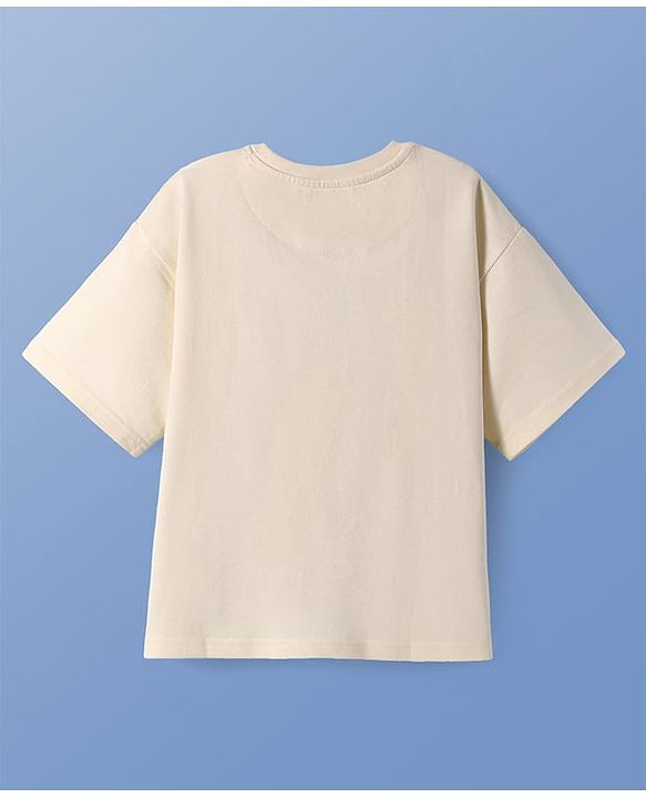 Pine Kids Cotton Knit  Drop Shoulder Sleeves T-Shirt With Shoes & Text Print - Peach