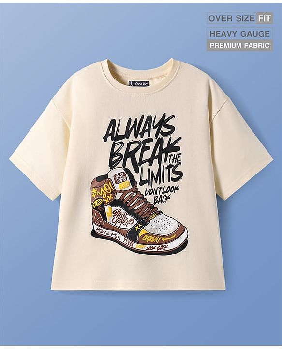 Pine Kids Cotton Knit  Drop Shoulder Sleeves T-Shirt With Shoes & Text Print - Peach