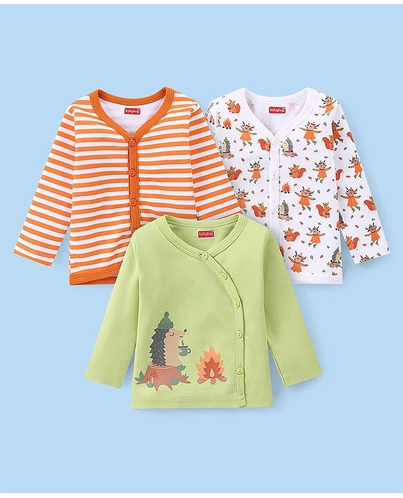 Babyhug 100% Interlock Cotton Knit Full Sleeves Front Open Antibacterial Vests with Stripes & Animal Print Pack of 3 - Orange Green & White