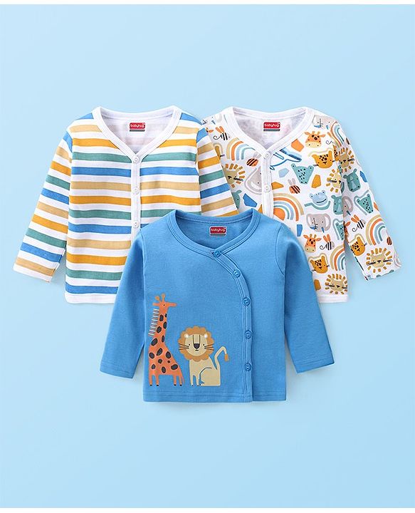 Babyhug Interlock 100% Cotton Knit Full Sleeves Front Open Vests with Animals & Striped Print Pack of 3 - Blue & White