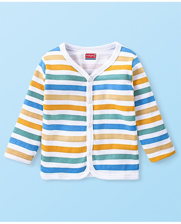 Babyhug Interlock 100% Cotton Knit Full Sleeves Front Open Vests with Animals & Striped Print Pack of 3 - Blue & White