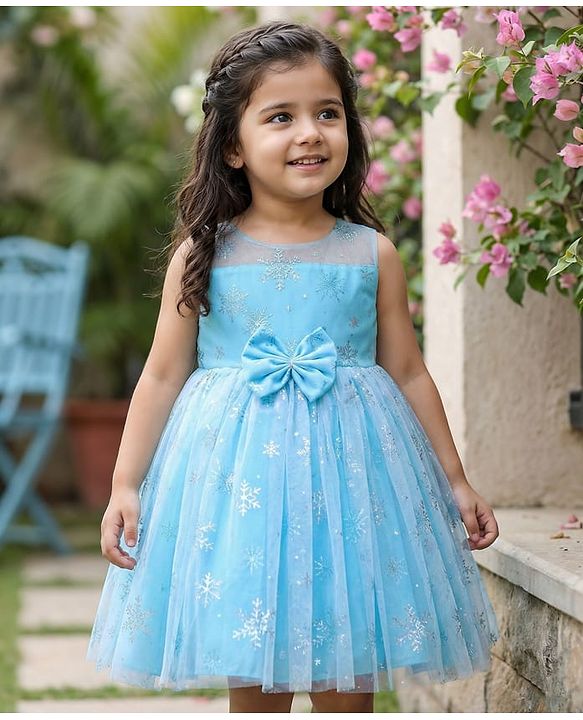 Babyhug Woven  Sleeveless Party Frock with Snowflake Print & Bow Applique - Blue