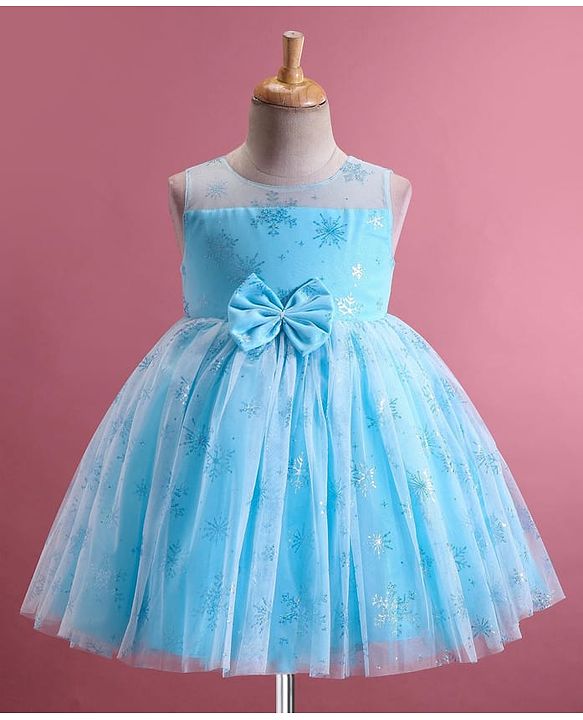 Babyhug Woven  Sleeveless Party Frock with Snowflake Print & Bow Applique - Blue