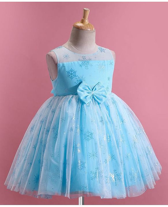 Babyhug Woven  Sleeveless Party Frock with Snowflake Print & Bow Applique - Blue
