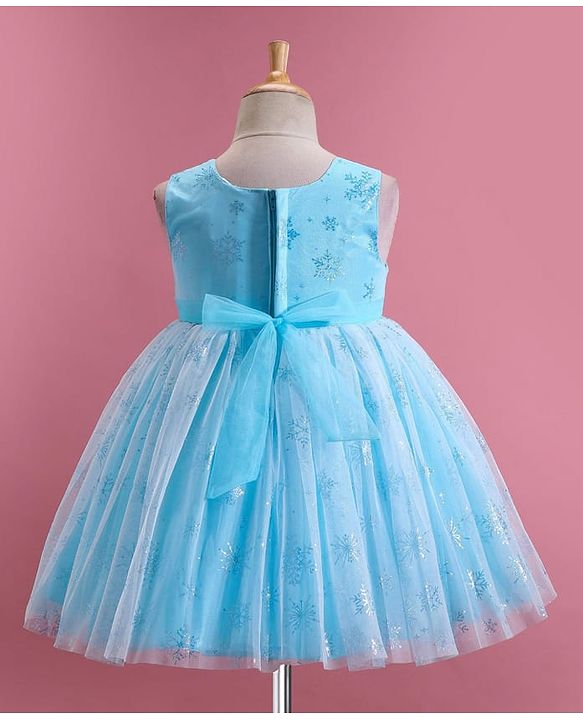 Babyhug Woven  Sleeveless Party Frock with Snowflake Print & Bow Applique - Blue
