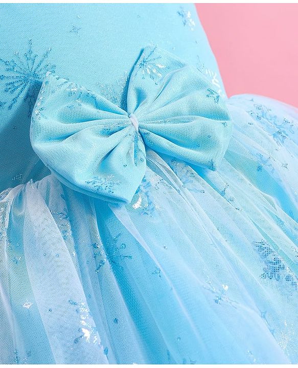 Babyhug Woven  Sleeveless Party Frock with Snowflake Print & Bow Applique - Blue