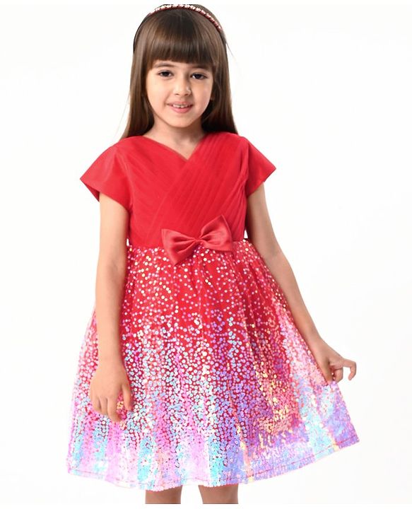 Babyhug Woven Cap Sleeves Fit & Flare Party Frock with Sequinned Detailing & Bow Applique- Red