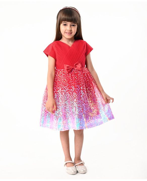 Babyhug Woven Cap Sleeves Fit & Flare Party Frock with Sequinned Detailing & Bow Applique- Red