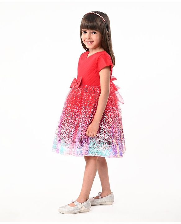 Babyhug Woven Cap Sleeves Fit & Flare Party Frock with Sequinned Detailing & Bow Applique- Red