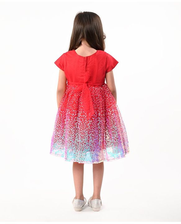 Babyhug Woven Cap Sleeves Fit & Flare Party Frock with Sequinned Detailing & Bow Applique- Red