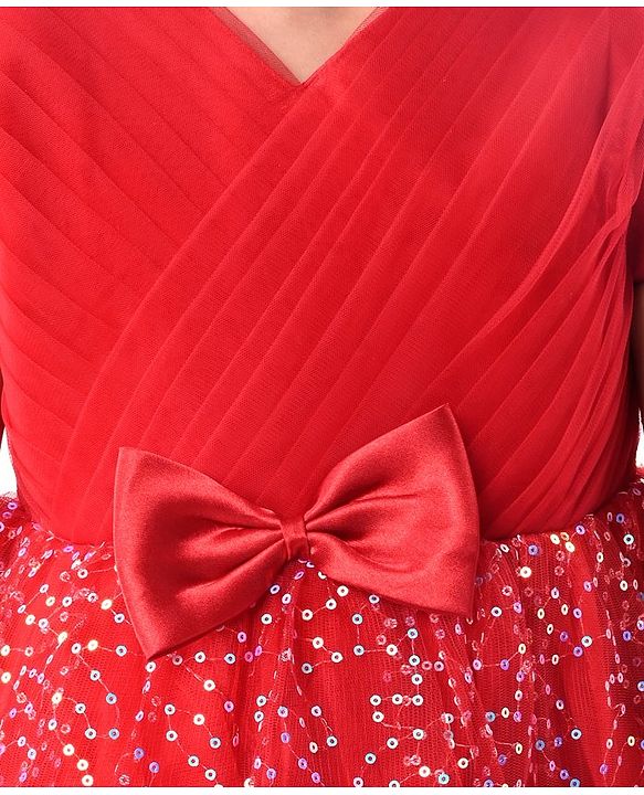 Babyhug Woven Cap Sleeves Fit & Flare Party Frock with Sequinned Detailing & Bow Applique- Red