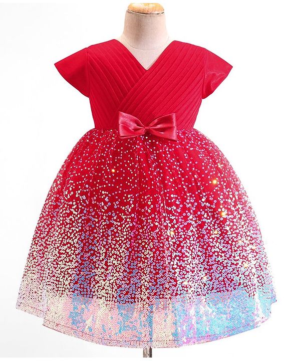 Babyhug Woven Cap Sleeves Fit & Flare Party Frock with Sequinned Detailing & Bow Applique- Red
