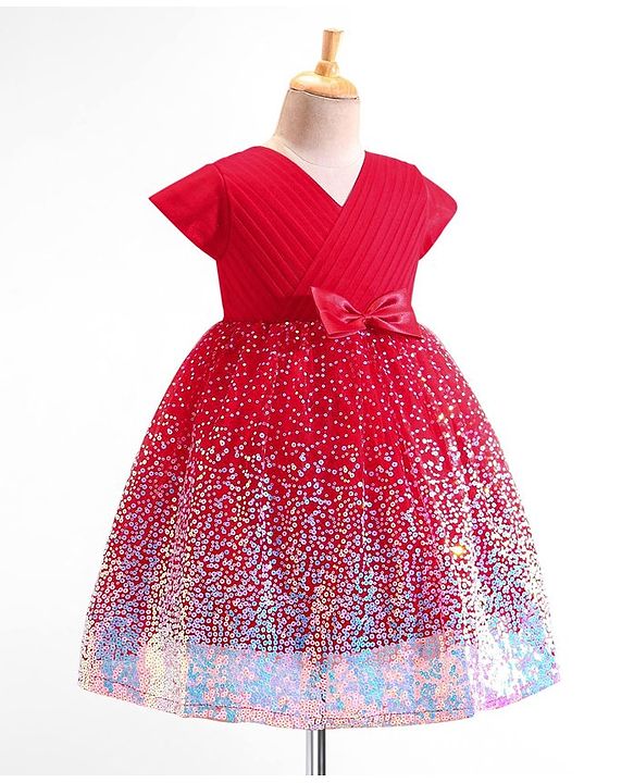 Babyhug Woven Cap Sleeves Fit & Flare Party Frock with Sequinned Detailing & Bow Applique- Red