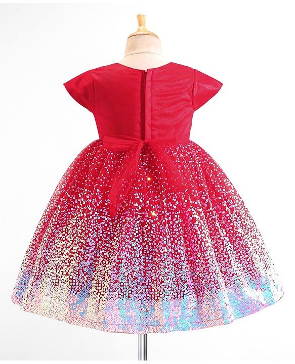 Babyhug Woven Cap Sleeves Fit & Flare Party Frock with Sequinned Detailing & Bow Applique- Red
