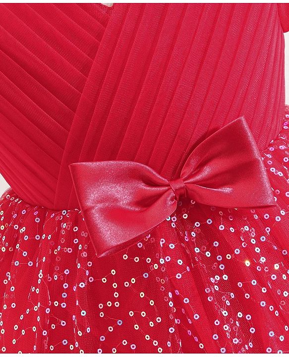 Babyhug Woven Cap Sleeves Fit & Flare Party Frock with Sequinned Detailing & Bow Applique- Red