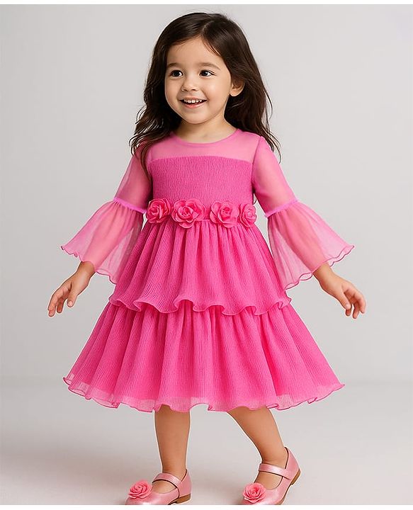 Babyhug Woven Mesh Sleeves Fit & Flare Tiered Party Frock with Floral Applique -Pink