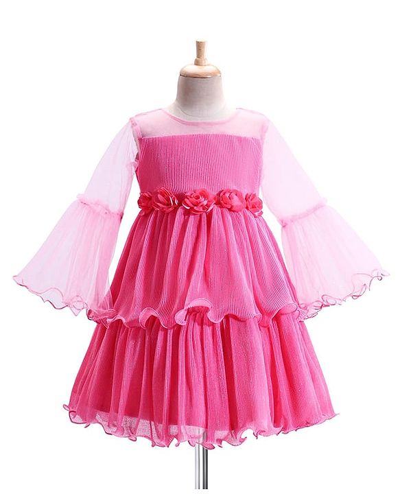Babyhug Woven Mesh Sleeves Fit & Flare Tiered Party Frock with Floral Applique -Pink