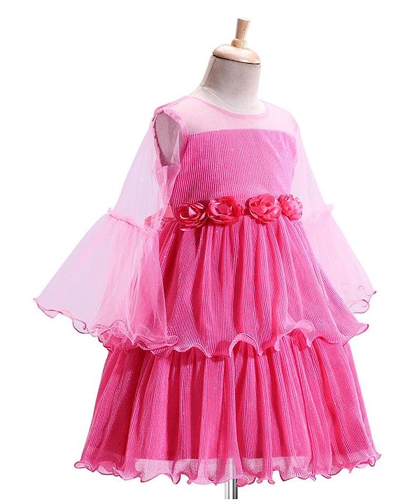 Babyhug Woven Mesh Sleeves Fit & Flare Tiered Party Frock with Floral Applique -Pink