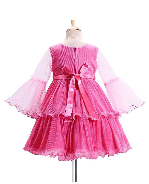 Babyhug Woven Mesh Sleeves Fit & Flare Tiered Party Frock with Floral Applique -Pink