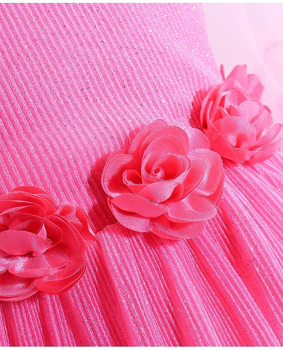 Babyhug Woven Mesh Sleeves Fit & Flare Tiered Party Frock with Floral Applique -Pink