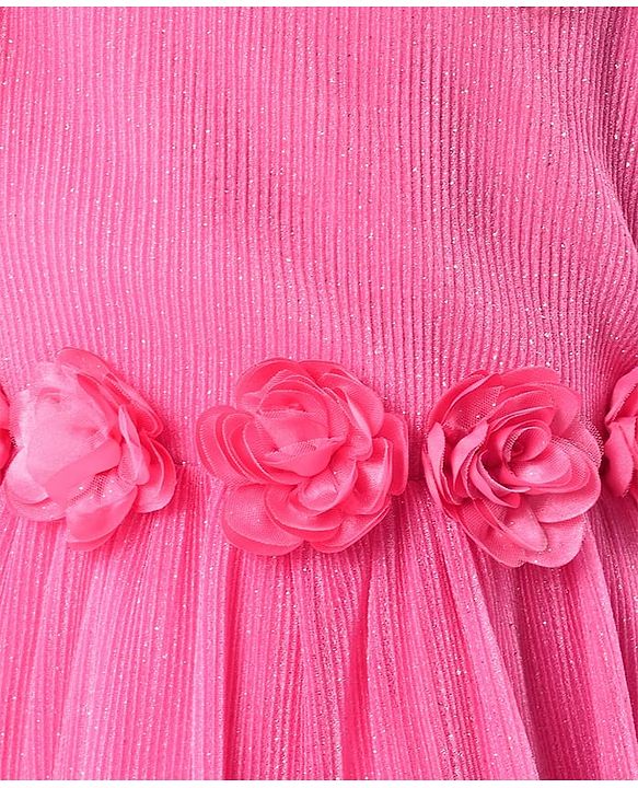 Babyhug Woven Mesh Sleeves Fit & Flare Tiered Party Frock with Floral Applique -Pink
