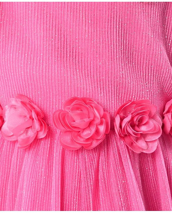 Babyhug Woven Mesh Sleeves Fit & Flare Tiered Party Frock with Floral Applique -Pink