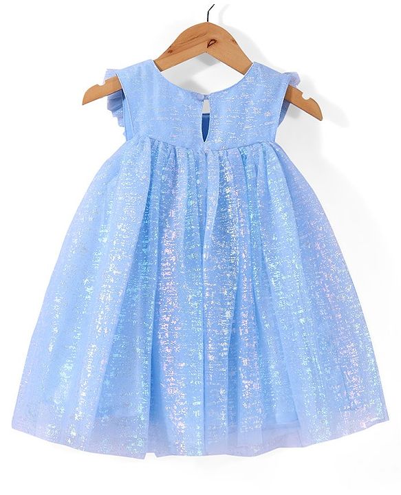 Babyhug Woven Sleeveless Fit & Flare Mesh Party Frock With Frilled Detailing - Blue