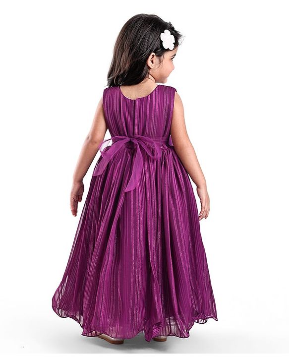 Babyhug Woven Sleeveless Fit & Flare Party Gown with Curled Hem Bow Applique -Purple
