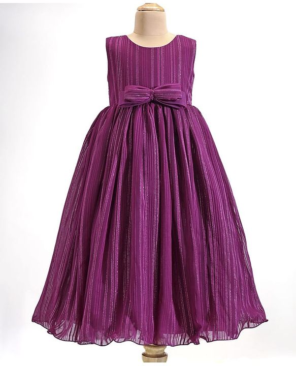 Babyhug Woven Sleeveless Fit & Flare Party Gown with Curled Hem Bow Applique -Purple