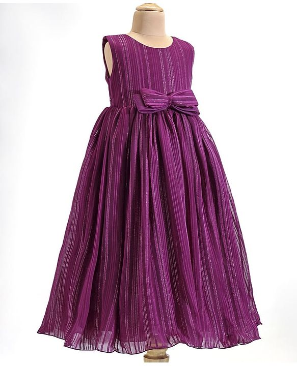Babyhug Woven Sleeveless Fit & Flare Party Gown with Curled Hem Bow Applique -Purple
