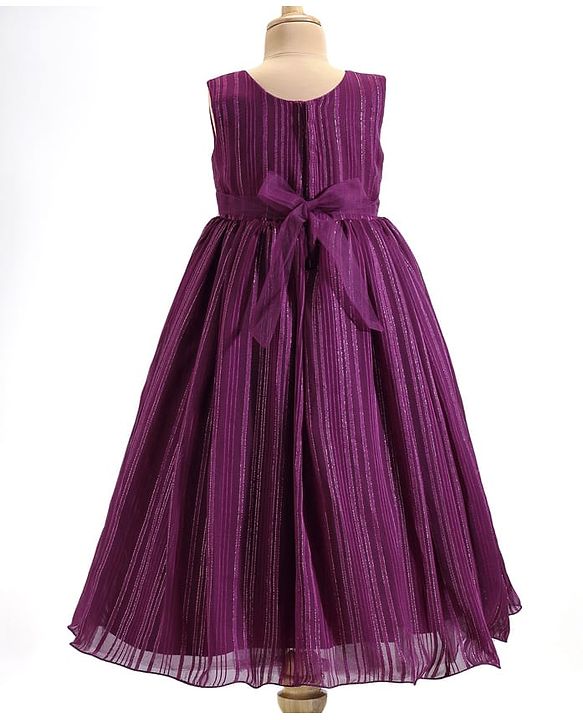 Babyhug Woven Sleeveless Fit & Flare Party Gown with Curled Hem Bow Applique -Purple