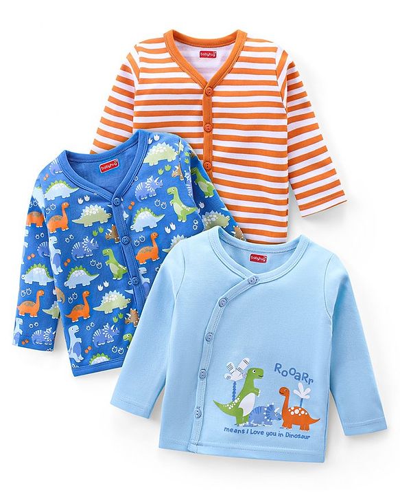 Babyhug Interlock Cotton Knit Full Sleeves Front Open Vests With Stripes & Dino Print Pack of 3 - Orange & Blue