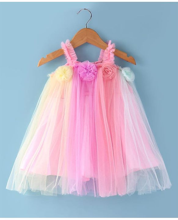Babyhug Woven Sleeveless Solid Colour A Line Party Frock with Floral Applique - Yellow & Pink