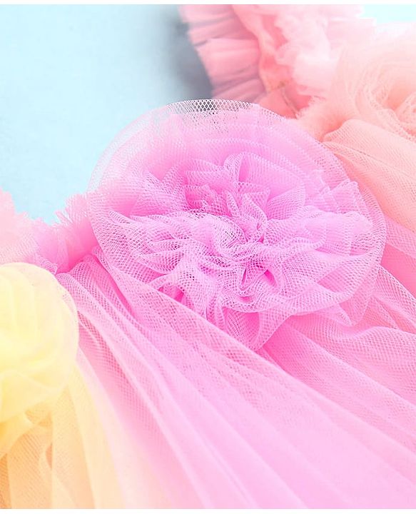 Babyhug Woven Sleeveless Solid Colour A Line Party Frock with Floral Applique - Yellow & Pink