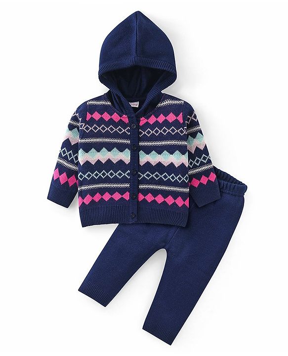 Babyhug Knitted Full Sleeves Front Open Hooded Sweater Set With Aztec Design - Navy Blue