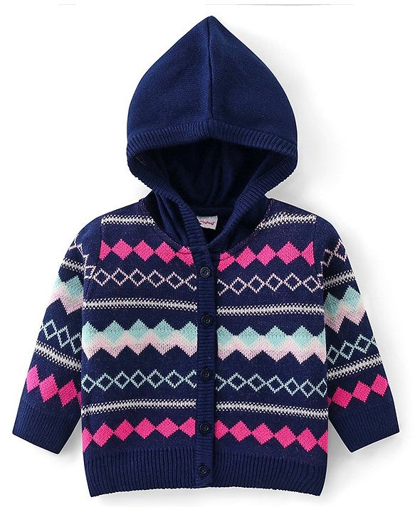 Babyhug Knitted Full Sleeves Front Open Hooded Sweater Set With Aztec Design - Navy Blue