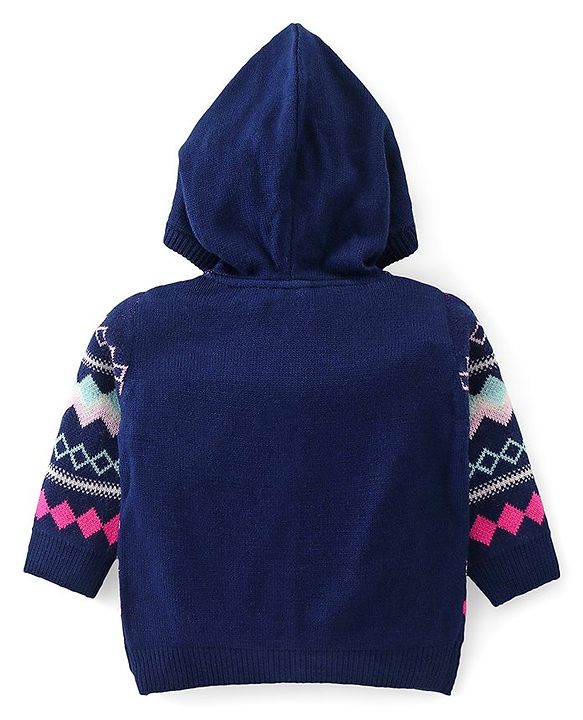 Babyhug Knitted Full Sleeves Front Open Hooded Sweater Set With Aztec Design - Navy Blue
