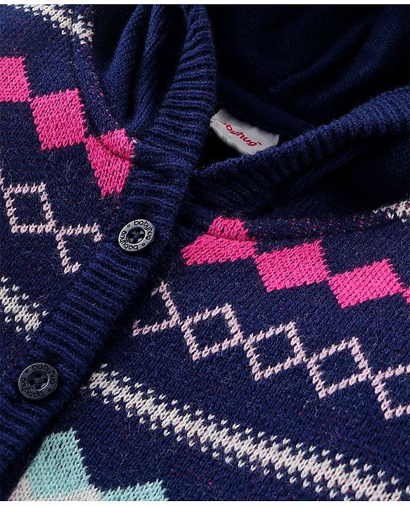 Babyhug Knitted Full Sleeves Front Open Hooded Sweater Set With Aztec Design - Navy Blue