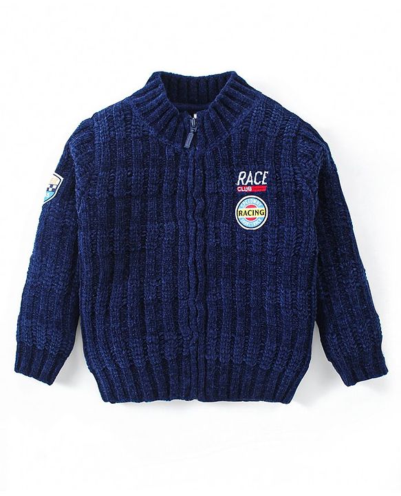 Babyhug Knitted Full Sleeves Front Open Sweater with Text Embroidery - Navy Blue