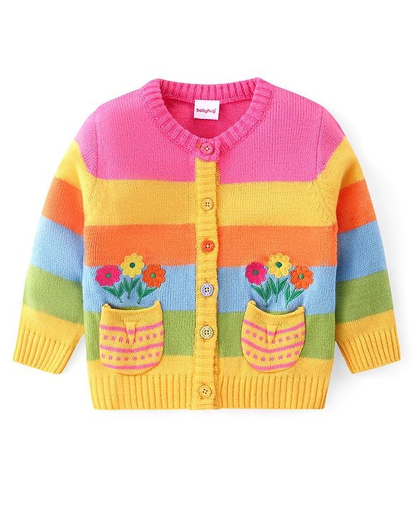 Babyhug Knitted Full Sleeves Front Open Sweater With Floral Design - Multicolour