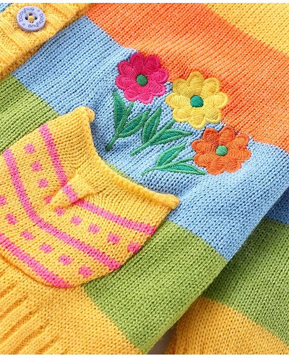 Babyhug Knitted Full Sleeves Front Open Sweater With Floral Design - Multicolour