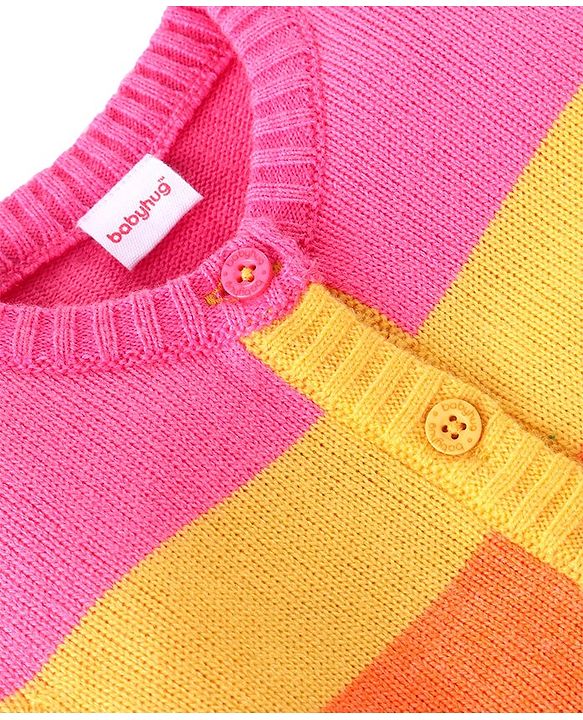 Babyhug Knitted Full Sleeves Front Open Sweater With Floral Design - Multicolour