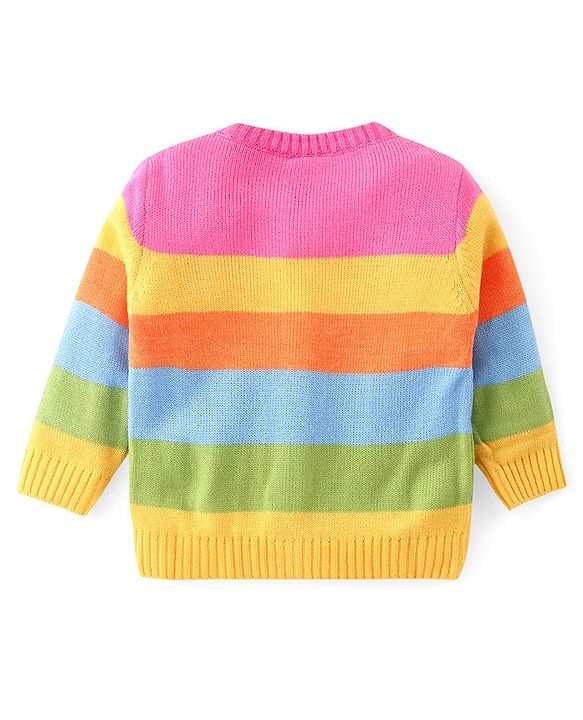 Babyhug Knitted Full Sleeves Front Open Sweater With Floral Design - Multicolour