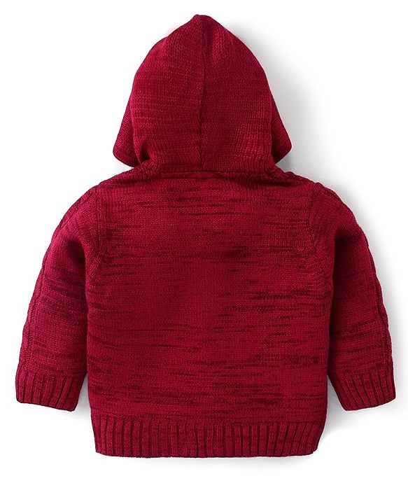 Babyhug Knitted Full Sleeves Front Open Hooded Sweater With Cable Knit Design - Maroon