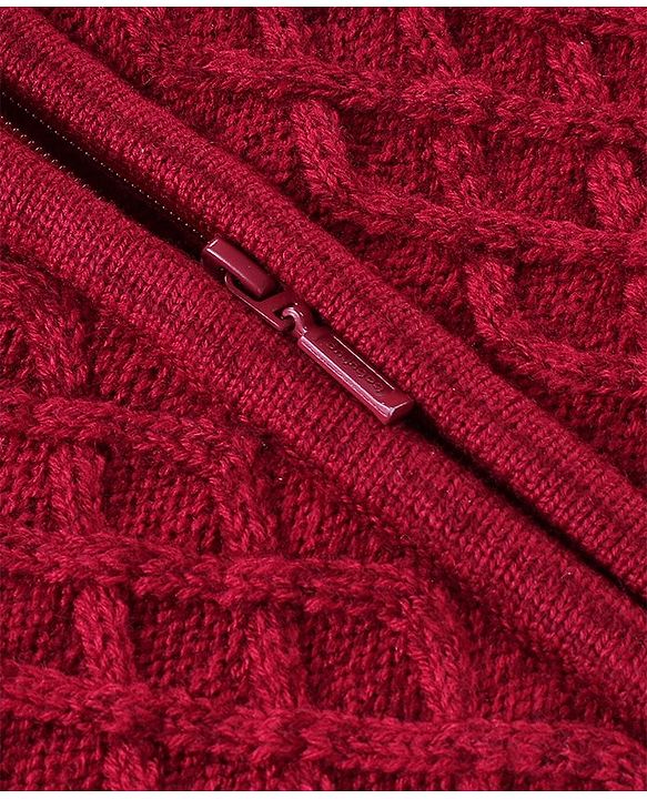 Babyhug Knitted Full Sleeves Front Open Hooded Sweater With Cable Knit Design - Maroon