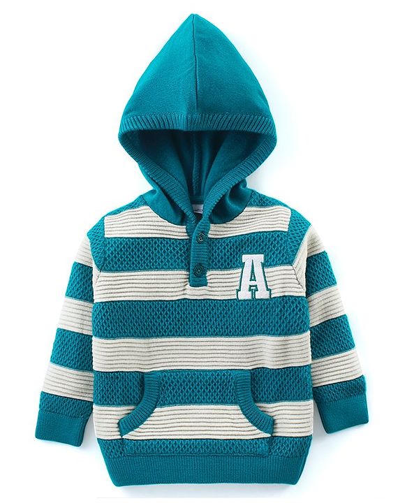Babyhug Knitted Full Sleeves Hooded Striped Sweater with Kangaroo Pockets & Alphabet Embroidery - Teal Blue