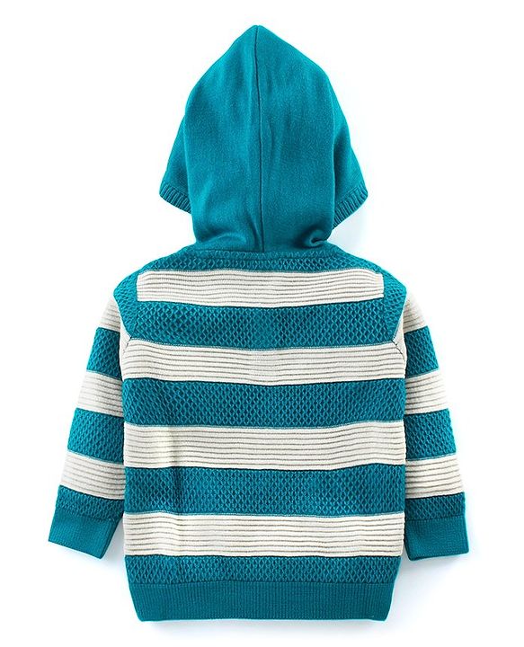 Babyhug Knitted Full Sleeves Hooded Striped Sweater with Kangaroo Pockets & Alphabet Embroidery - Teal Blue