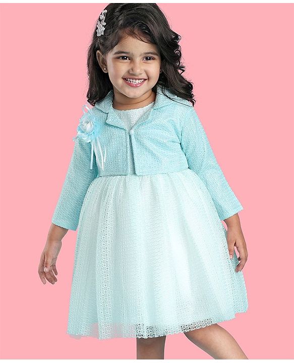 Babyhug Woven Full Sleeves Honeycomb Textured Fabric Fit & Flared Party Frock with Blazer & Floral Applique - Mint