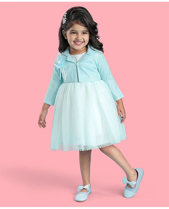 Babyhug Woven Full Sleeves Honeycomb Textured Fabric Fit & Flared Party Frock with Blazer & Floral Applique - Mint