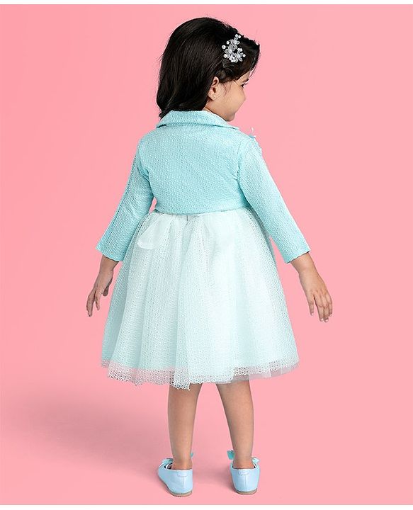 Babyhug Woven Full Sleeves Honeycomb Textured Fabric Fit & Flared Party Frock with Blazer & Floral Applique - Mint